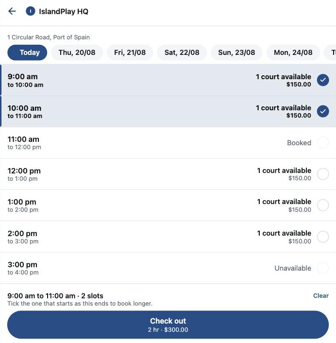 The booking screen on a phone: a day of one-hour slots at $150 each, two consecutive slots ticked, and a Check out button reading 2 hr, $300.00.